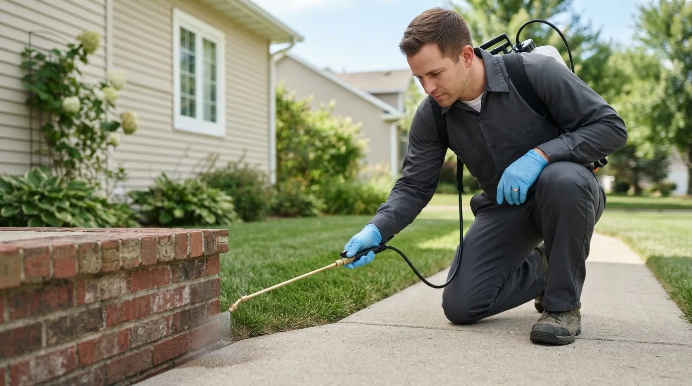 Pest control technician treating a home near Brethren, MI