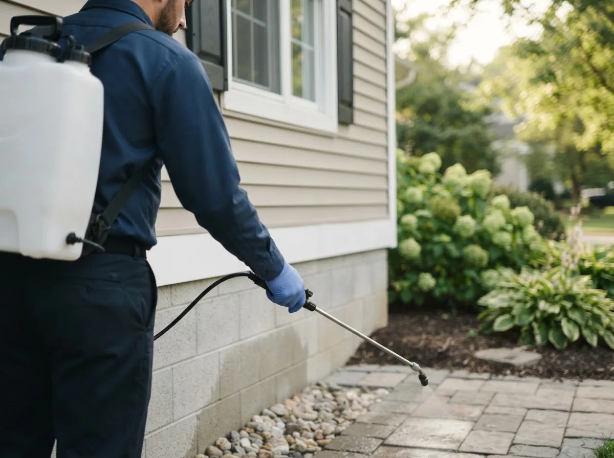 Pest control technician inspecting a home in Brethren, MI